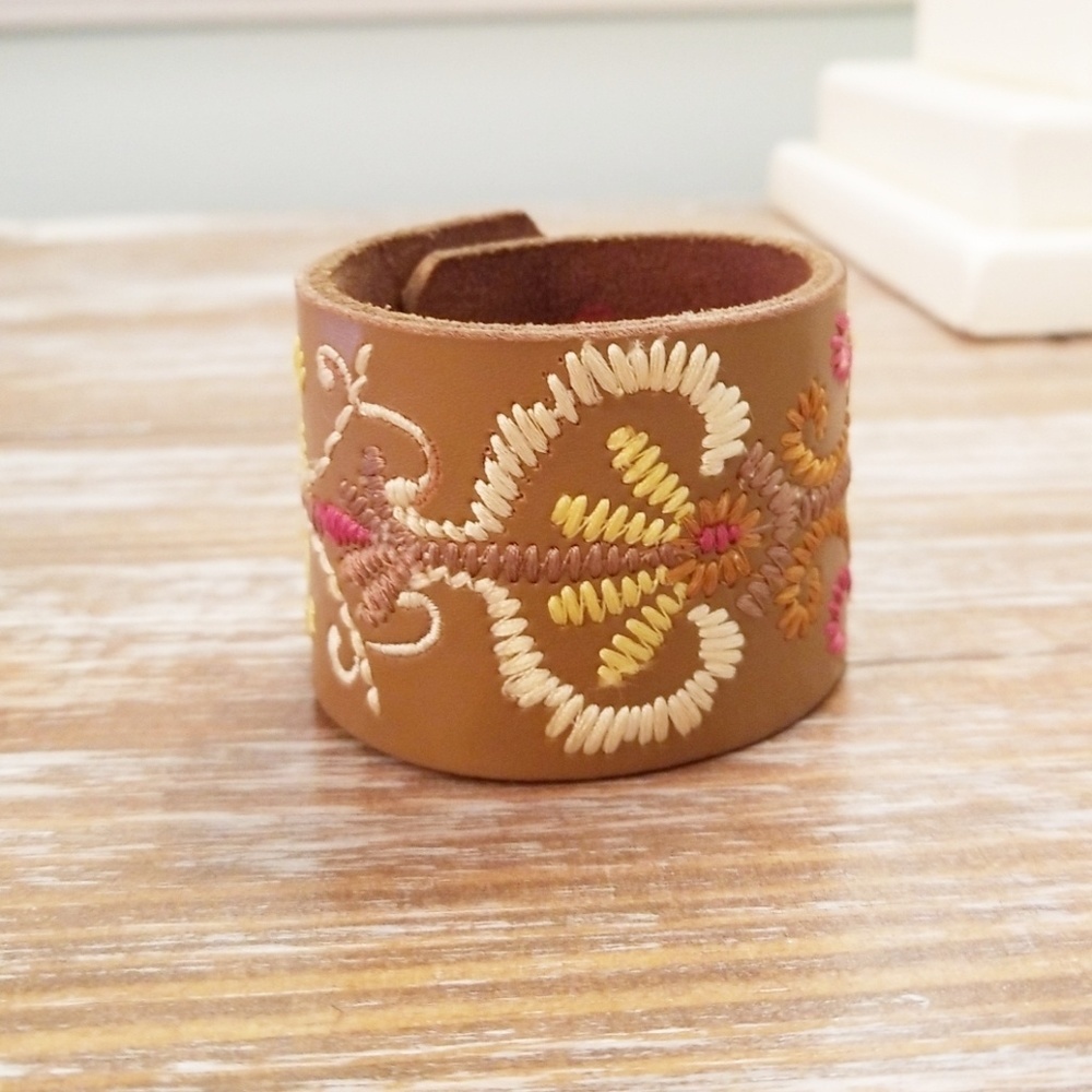 Embroidered Tan Leather Bracelet